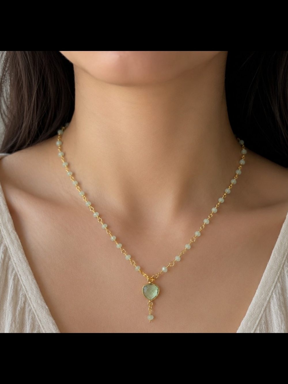 Green Amethyst Necklace Sea Green Chalcedony Beaded Chain 24K Gold Plated